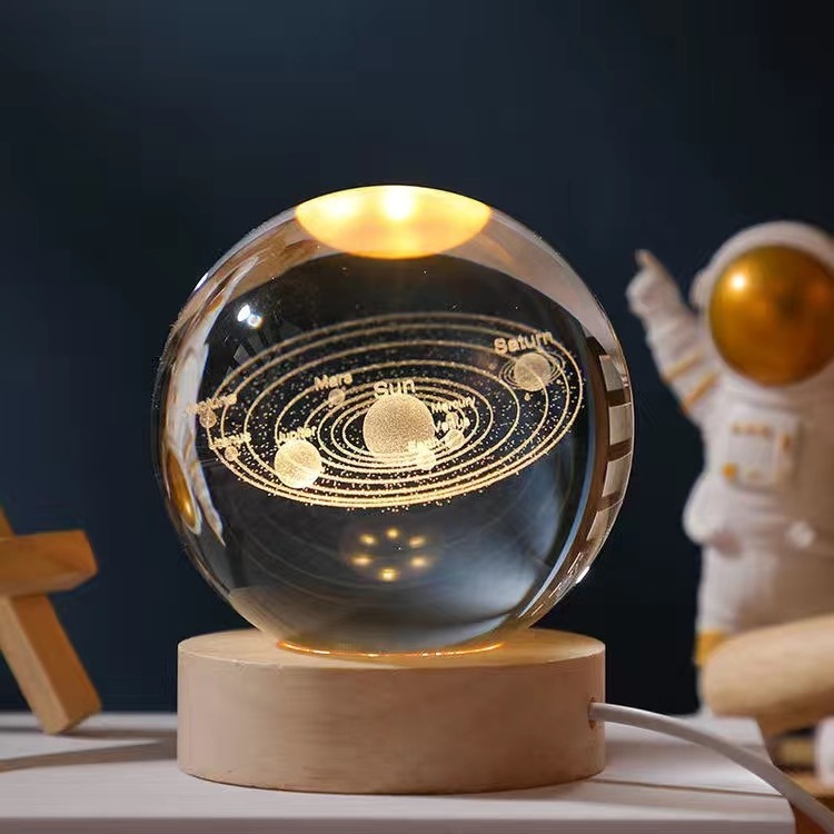 3D Solar System  Galaxy Engraved 3d Laser Crystal Ball with LED Lighting wood Base