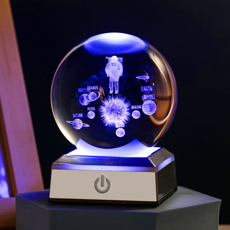 80mm  3D Laser engraving Crystal Ball  with Light Up Base Planet Science Astronomy Learning Toys Educational Gift foe kids