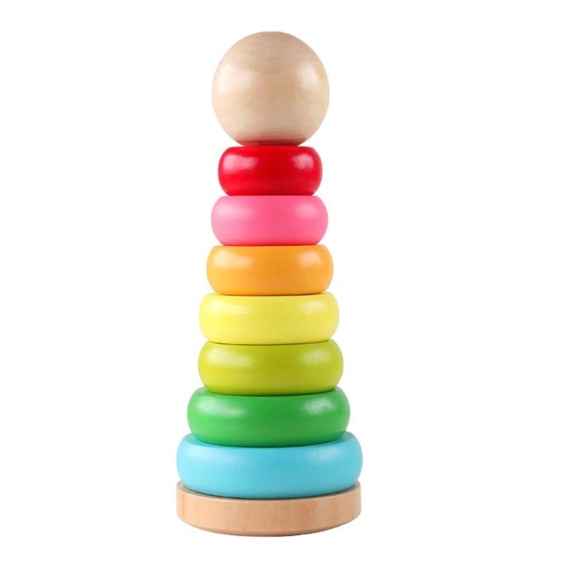 Stacking Rings Toy Wooden Rainbow Stacker Toddler Learning Toys for 18 Months 2 Year Old Baby Boys Girls Non-Toxic