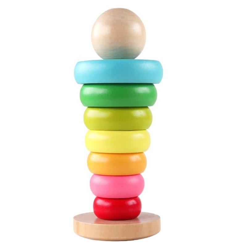 Stacking Rings Toy Wooden Rainbow Stacker Toddler Learning Toys for 18 Months 2 Year Old Baby Boys Girls Non-Toxic