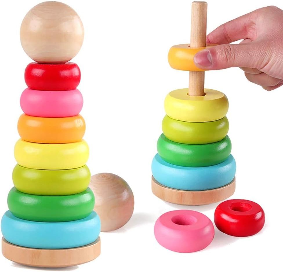 Stacking Rings Toy Wooden Rainbow Stacker Toddler Learning Toys for 18 Months 2 Year Old Baby Boys Girls Non-Toxic