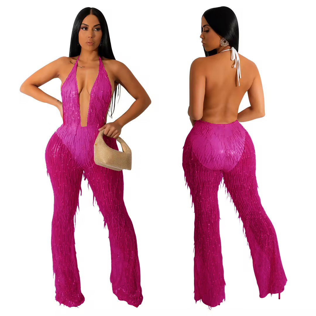 BH931 fashion women sexy mesh  sequin see through V neck party jumpsuit