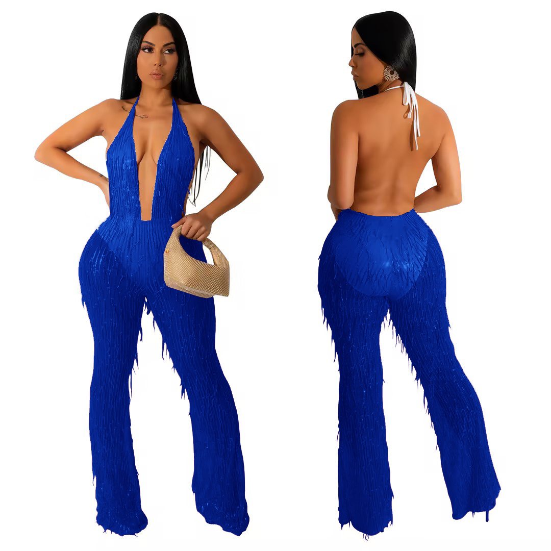 BH931 fashion women sexy mesh  sequin see through V neck party jumpsuit