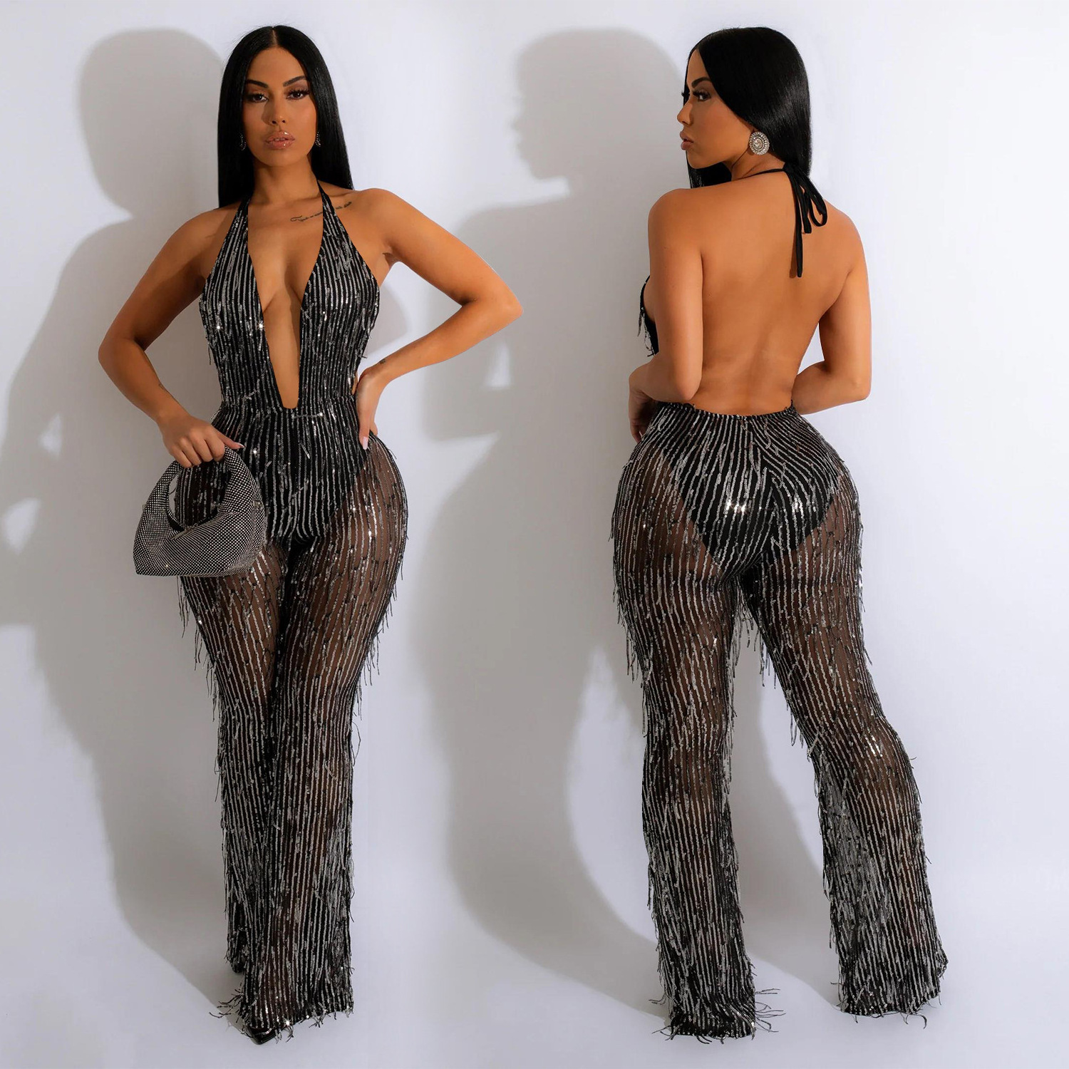 BH931 fashion women sexy mesh  sequin see through V neck party jumpsuit