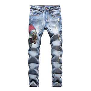 N035  men's  fashion stretchy Indian embroidery ripped jeans pants