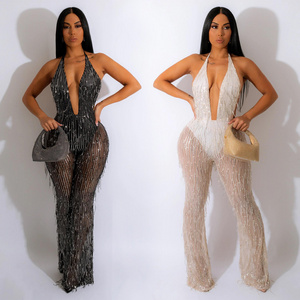 BH931 fashion women sexy mesh  sequin see through V neck party jumpsuit