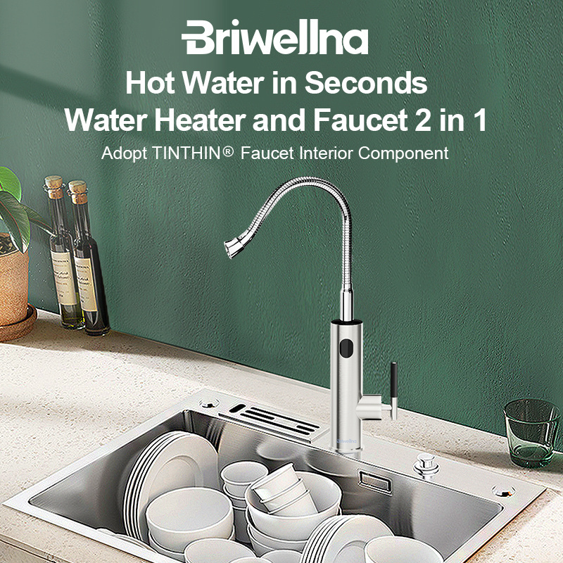 Briwellna 3.2kW Stainless Steel 304 Electric Hot Water Tap Instant Water Heater Faucet with Flexible Spout