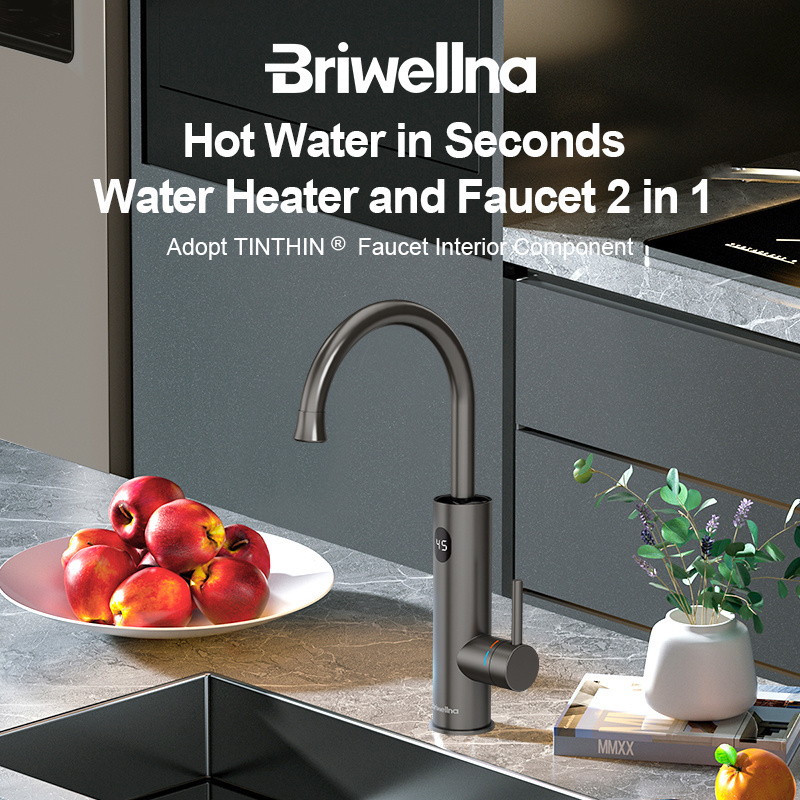 Briwellna 3.2kW 304 Stainless Steel Grey Color Electric Water Heater Faucet Kitchen Instant Hot Water Tap