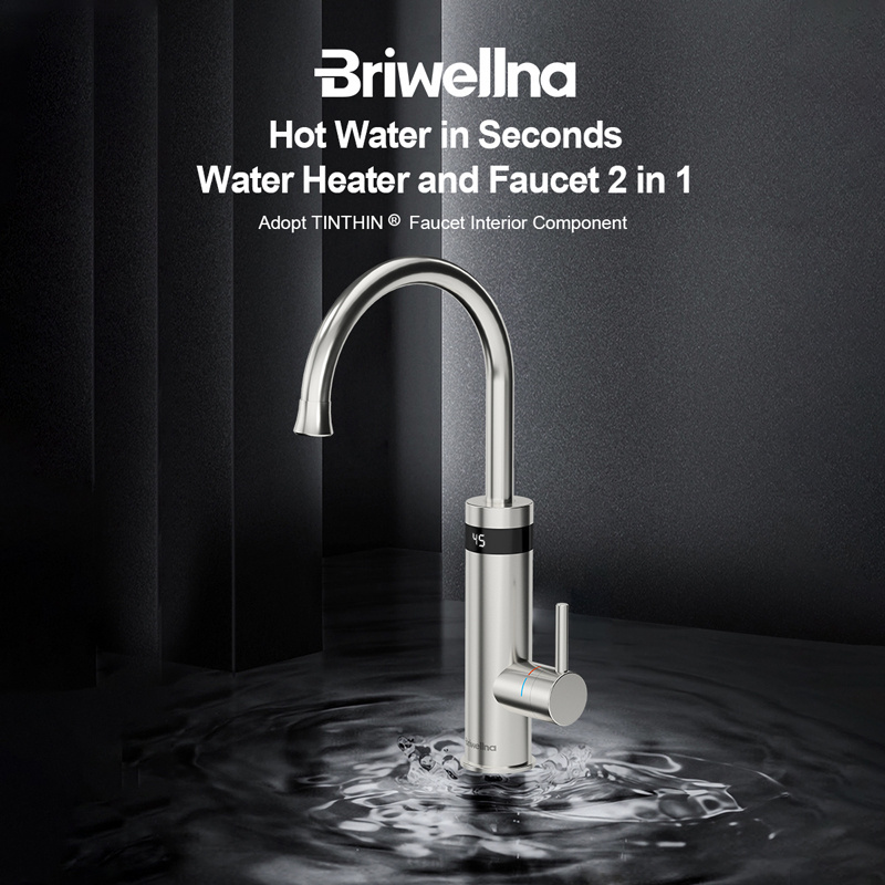 Briwellna 220V 3200W Electrical Tap Instant Faucet Hot Water Tap with LED Temperature Display for Kitchen