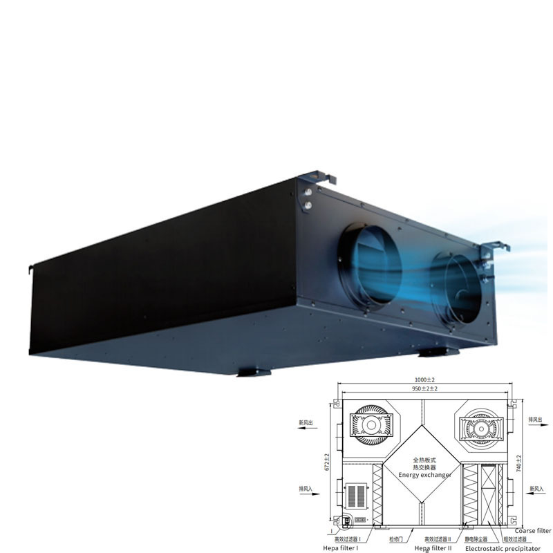 BROAD Ceiling Mount 350 M3/h Recuperator with Heat Recovery Ventilation System Hrv Erv for Home Use Black Metal Graphic Design