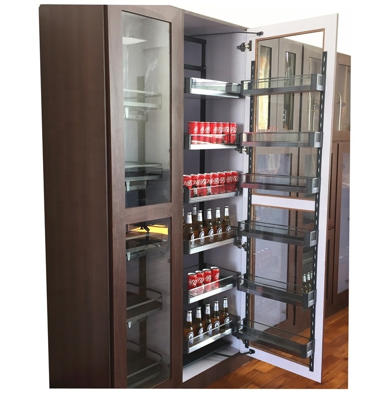 6 Layer Tall Unit Basket Stainless Steel Panel with Glass Design Pull Out Basket Pantry Unit