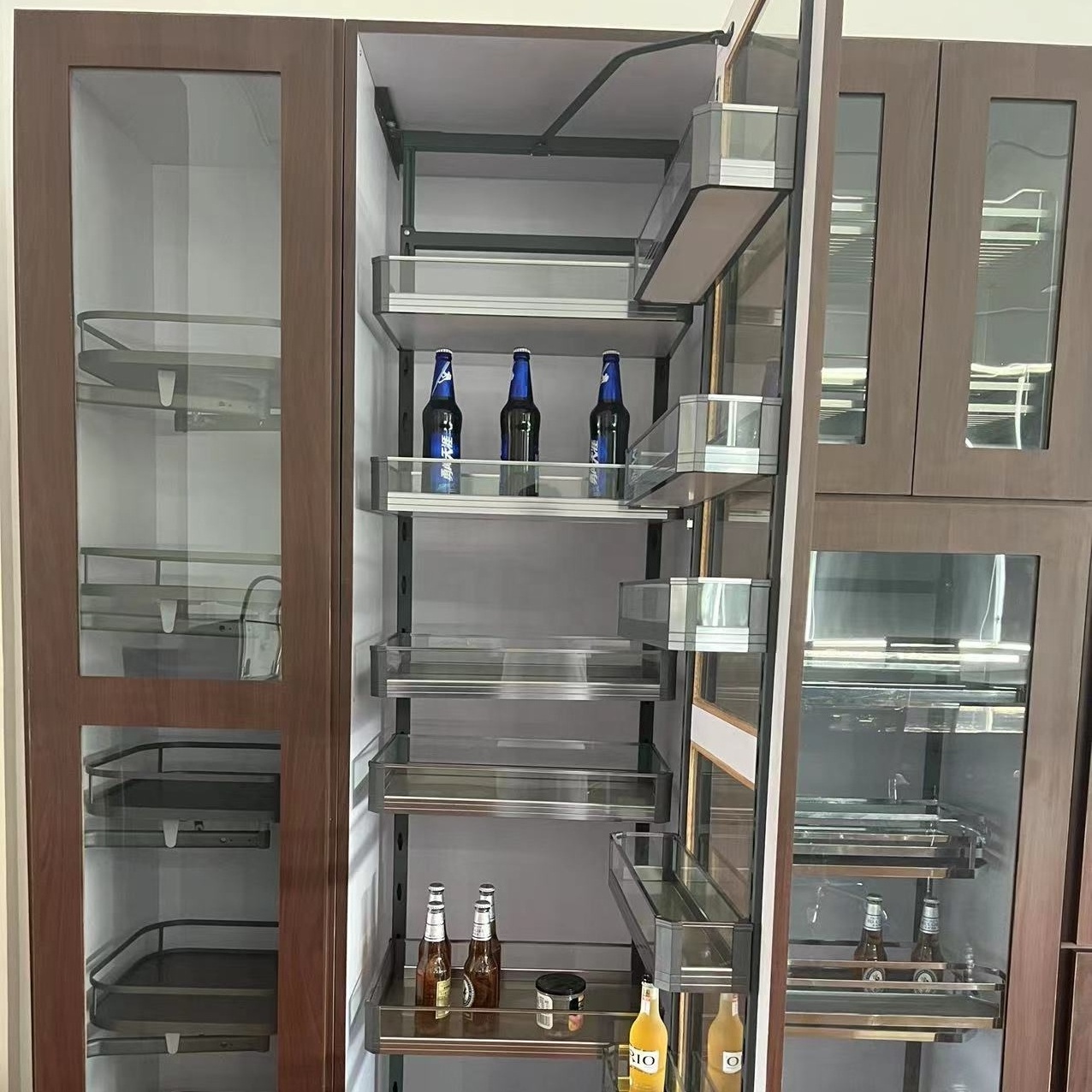 6 Layer Tall Unit Basket Stainless Steel Panel with Glass Design Pull Out Basket Pantry Unit