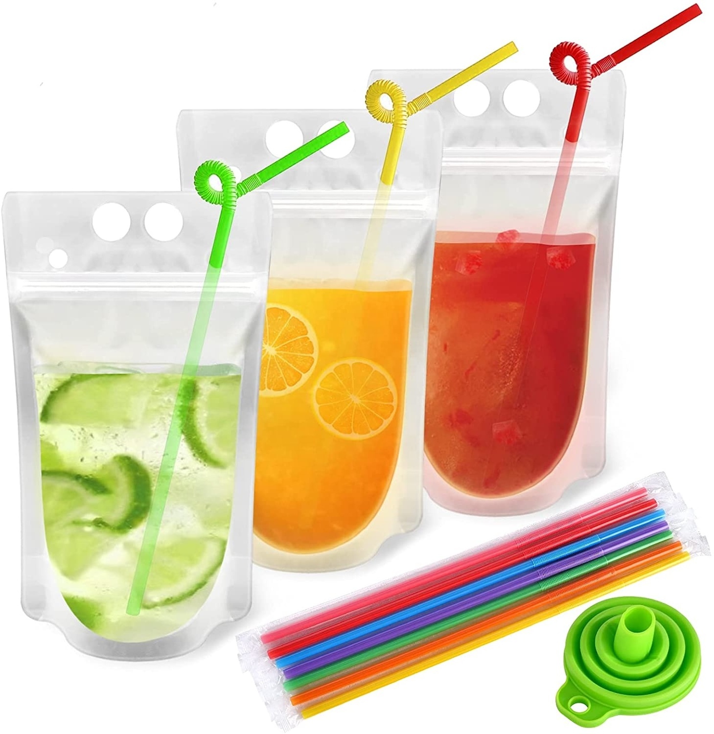 Custom Ziplock Clear Bag Energy Drink Beverage Juice Reusable Drink Pouches with Straw Logo Hole