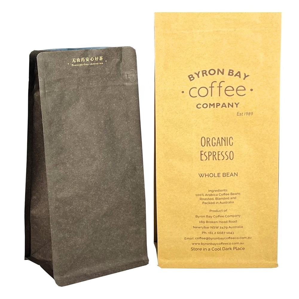 100% recyclable kraft paper flat bottom coffee bag custom printed compostable coffee bean bag with valve and zipper