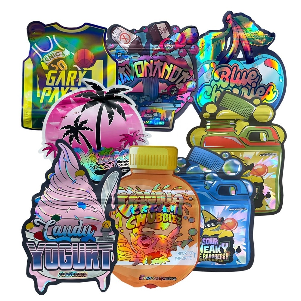 Custom Printed Child Proof ZipLock holographic die cut mylar bag 3.5g Special Shape Gummy Candy Edible Packaging Bag