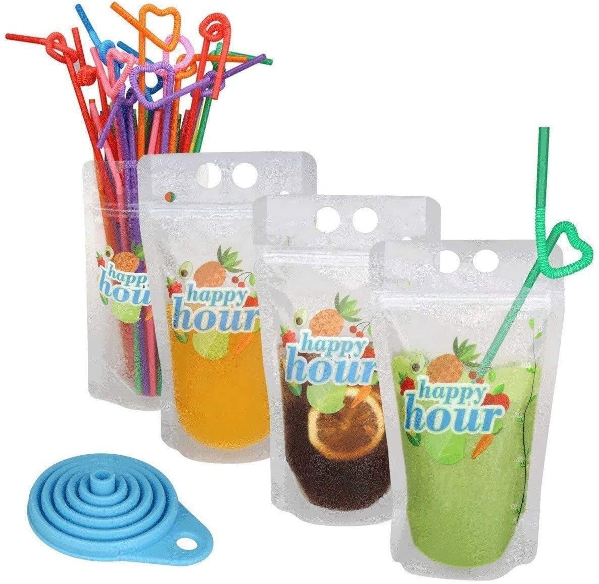 Custom Ziplock Clear Bag Energy Drink Beverage Juice Reusable Drink Pouches with Straw Logo Hole