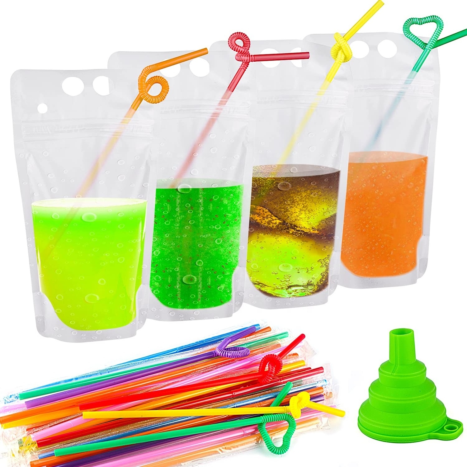 Custom Ziplock Clear Bag Energy Drink Beverage Juice Reusable Drink Pouches with Straw Logo Hole