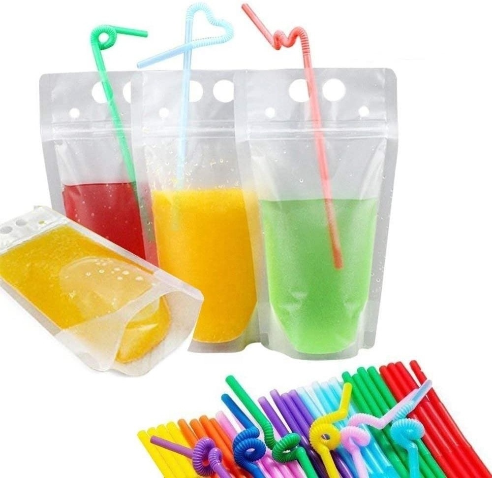 Custom Ziplock Clear Bag Energy Drink Beverage Juice Reusable Drink Pouches with Straw Logo Hole