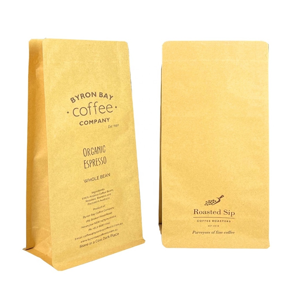 100% recyclable kraft paper flat bottom coffee bag custom printed compostable coffee bean bag with valve and zipper