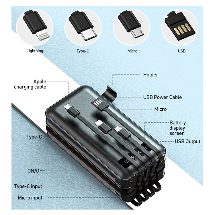 Wholesale good quality ideo power bank 20000mah phone power bank with built-in cable