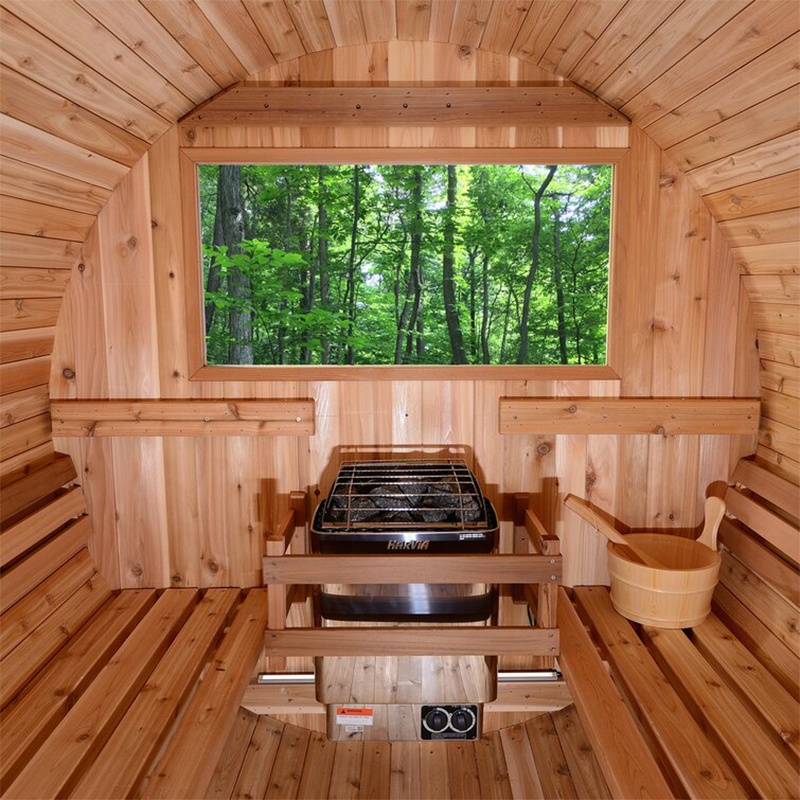 Red cedar 2 person panoramic barrel steam sauna without porch for sale