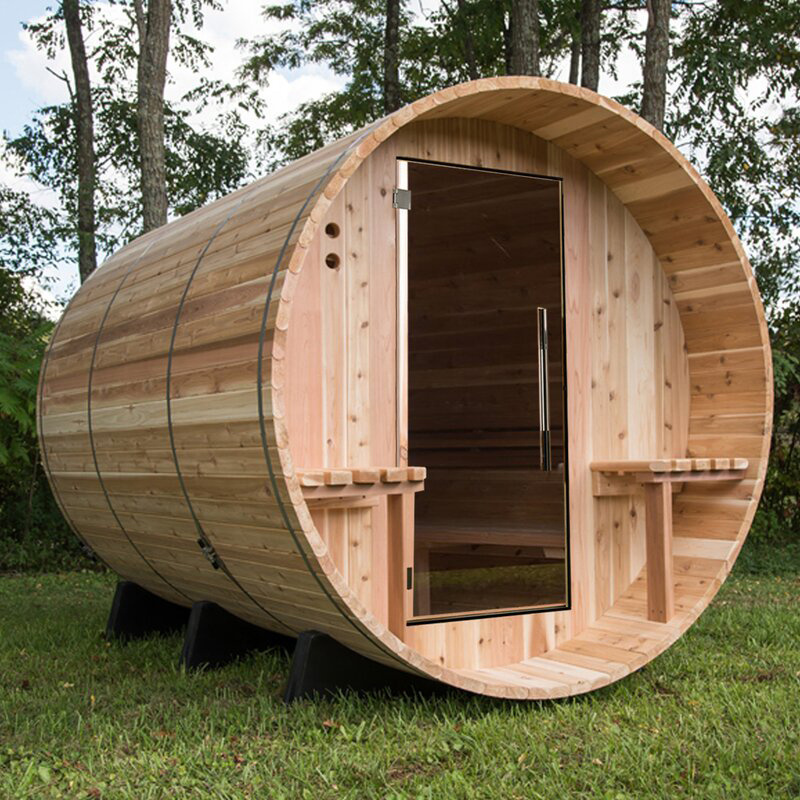 Red cedar 2 person panoramic barrel steam sauna without porch for sale