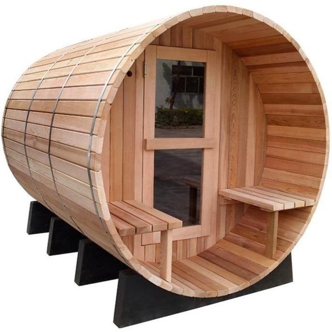 Outdoor Canadian Hemlock/Cedar Traditional Sauna Room: Wood Burning Barrel Sauna with Far Infrared and Bucket Sauna Features