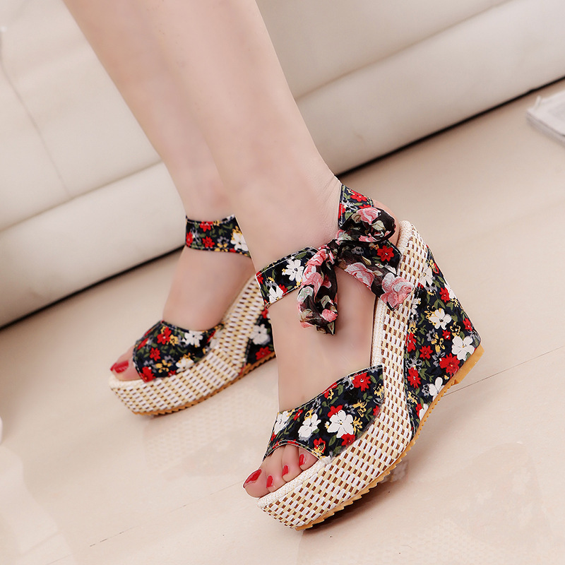 Women Summer Wedge Sandals Female Floral Bowknot Platform Bohemia High Heel Sandals Fashion Ankle Strap Open Toe Ladies Shoes