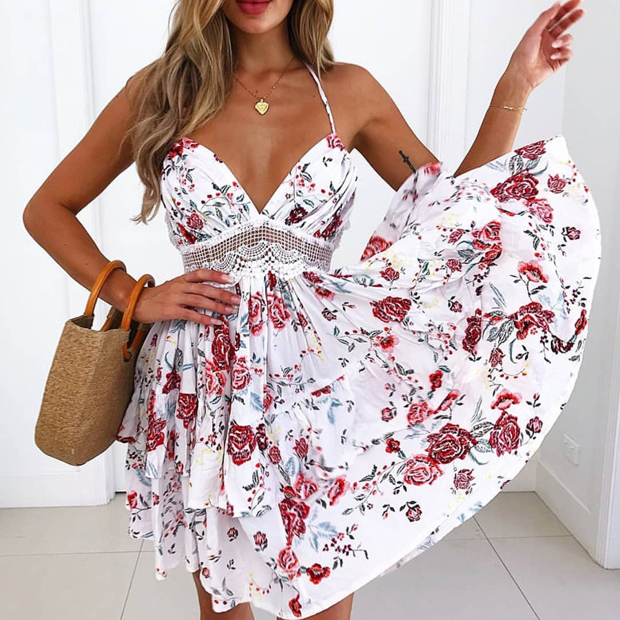 Sexy Crochet Lace Backless V Neck Summer Dress Women Strap Sleeveless Hollow Out Slip Short Dress