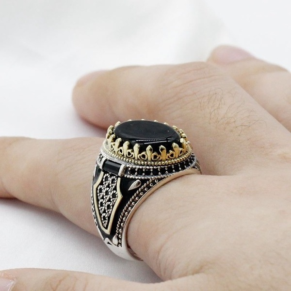 Turkish Jewelry Men's Silver Ring Inlaid With Black Agate Stone Vintage CZ Enamel Ring Onyx Agate Accessory