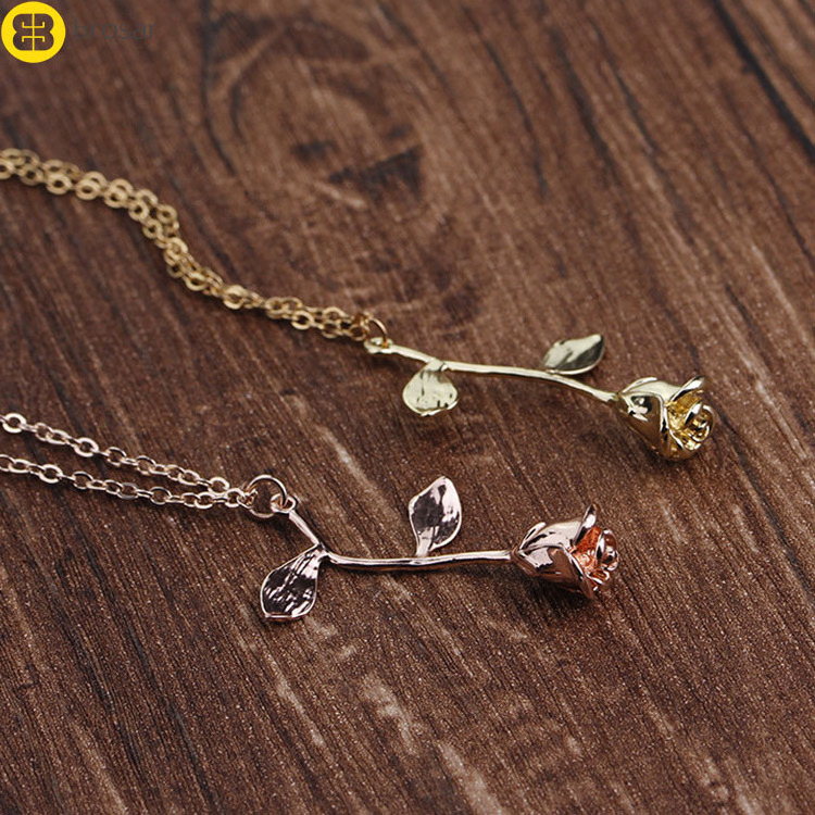 14k Gold Plated Chains Rose Flower Necklace Women Charm Costume Jewelry Alloy Rose Flower Necklace