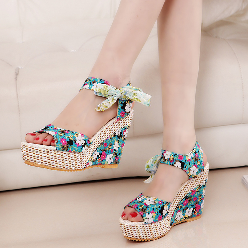 Women Summer Wedge Sandals Female Floral Bowknot Platform Bohemia High Heel Sandals Fashion Ankle Strap Open Toe Ladies Shoes