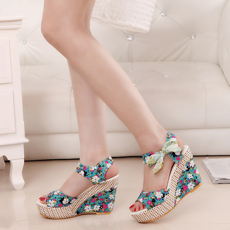 Women Summer Wedge Sandals Female Floral Bowknot Platform Bohemia High Heel Sandals Fashion Ankle Strap Open Toe Ladies Shoes