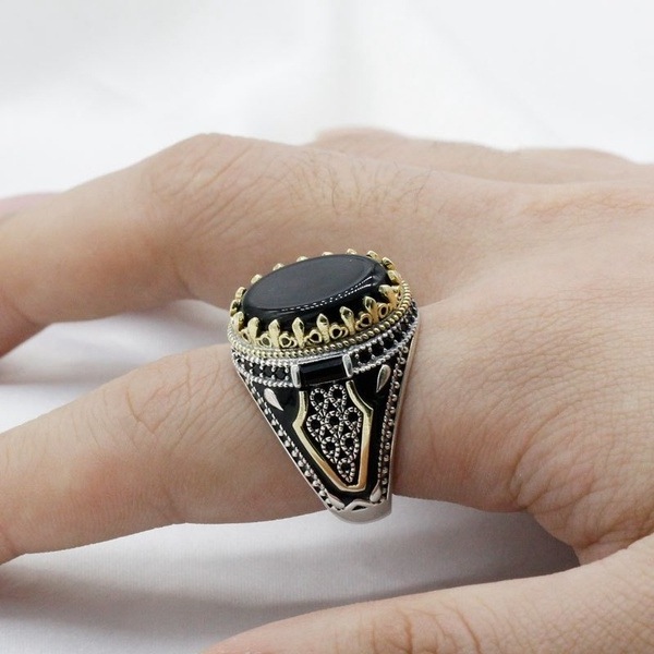 Turkish Jewelry Men's Silver Ring Inlaid With Black Agate Stone Vintage CZ Enamel Ring Onyx Agate Accessory