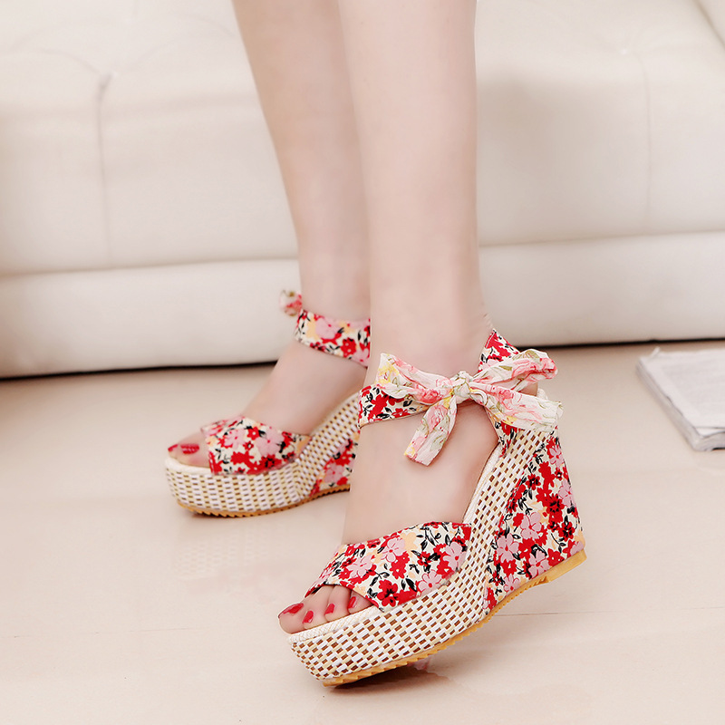 Women Summer Wedge Sandals Female Floral Bowknot Platform Bohemia High Heel Sandals Fashion Ankle Strap Open Toe Ladies Shoes