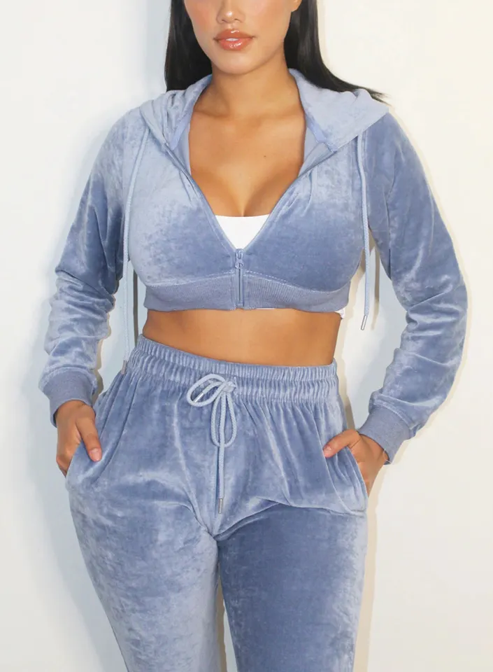 Custom Rhinestone Sexy Two Pieces Set Velvet Sweatsuit Zip Up Cropped Hoodies Set Jogger Tracksuit Blank Velour Women Tracksuit