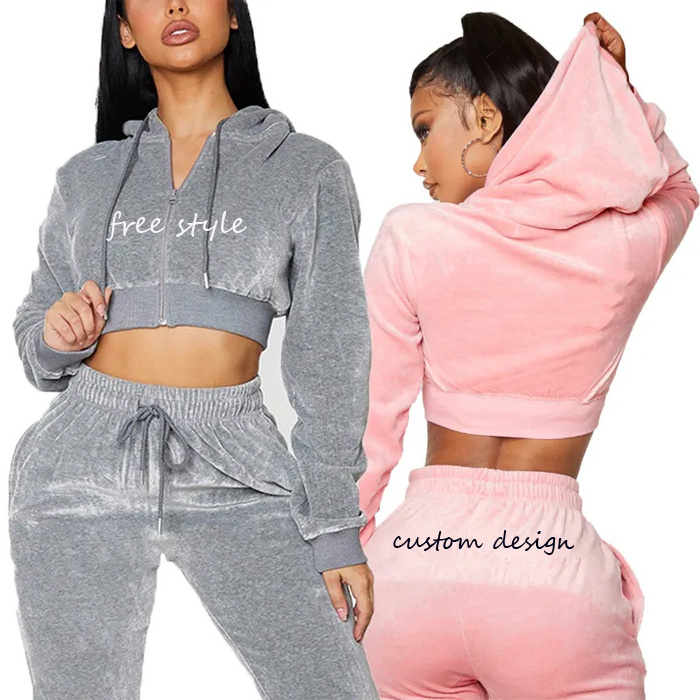 Custom Rhinestone Sexy Two Pieces Set Velvet Sweatsuit Zip Up Cropped Hoodies Set Jogger Tracksuit Blank Velour Women Tracksuit