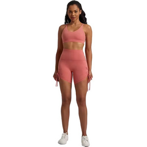 Women High elastic high waist shorts with strap cross back sports bra yoga fitness shorts set