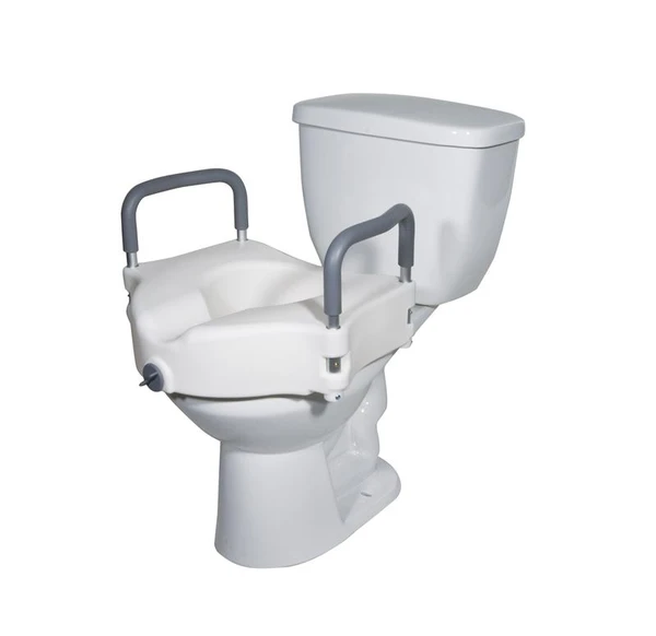 Tool free plastic removable and portable commode chair riser raised toilet seat with arm