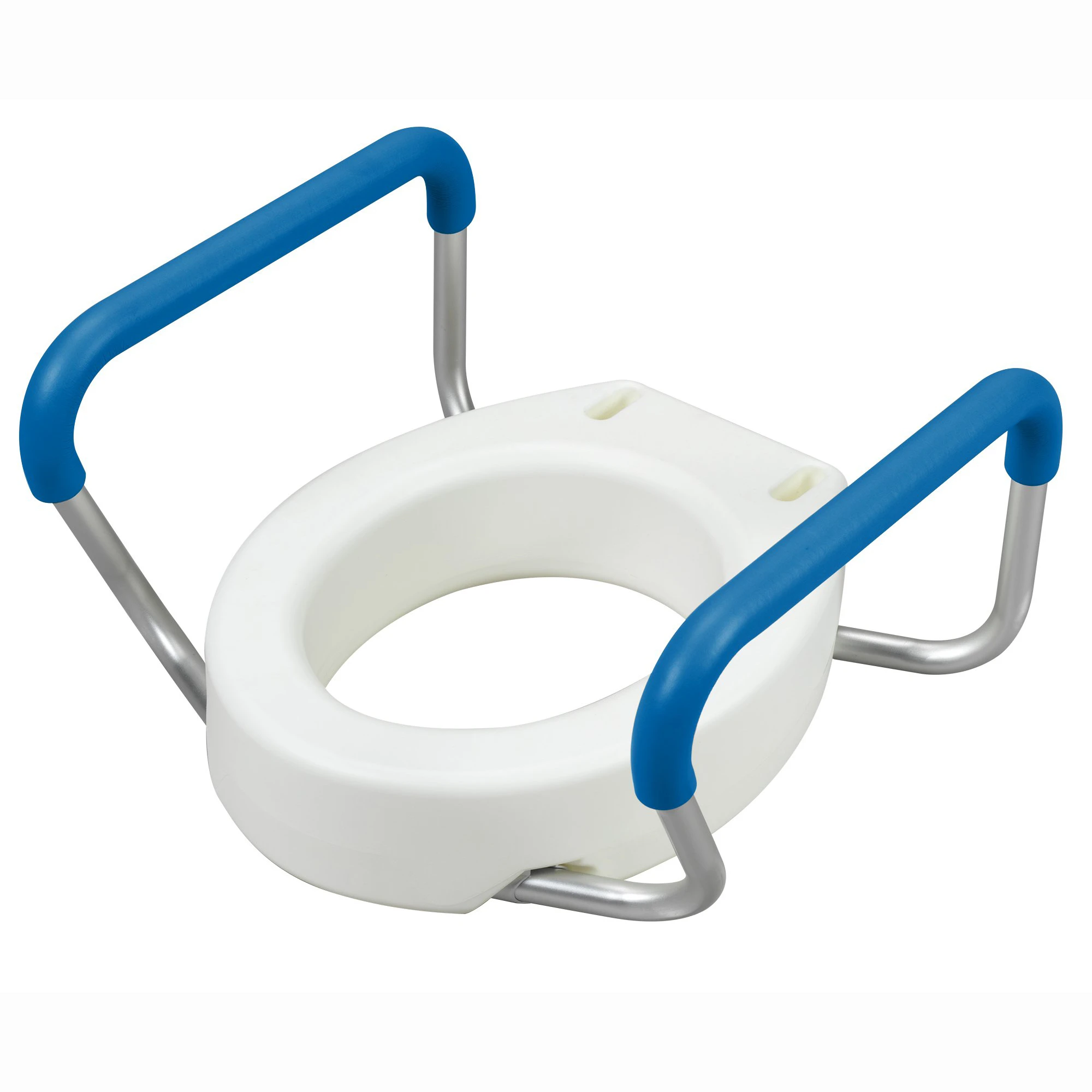 Tool free plastic removable and portable commode chair riser raised toilet seat with arm