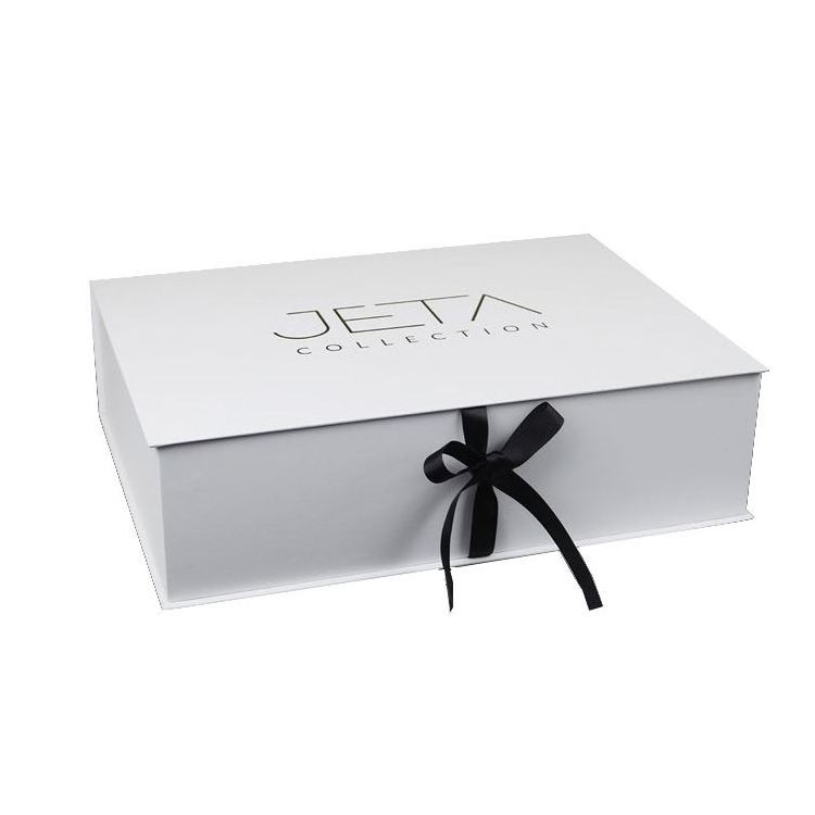 Custom luxury white magnet flap clothing paper box foldable magnetic closure gift boxes with black ribbon