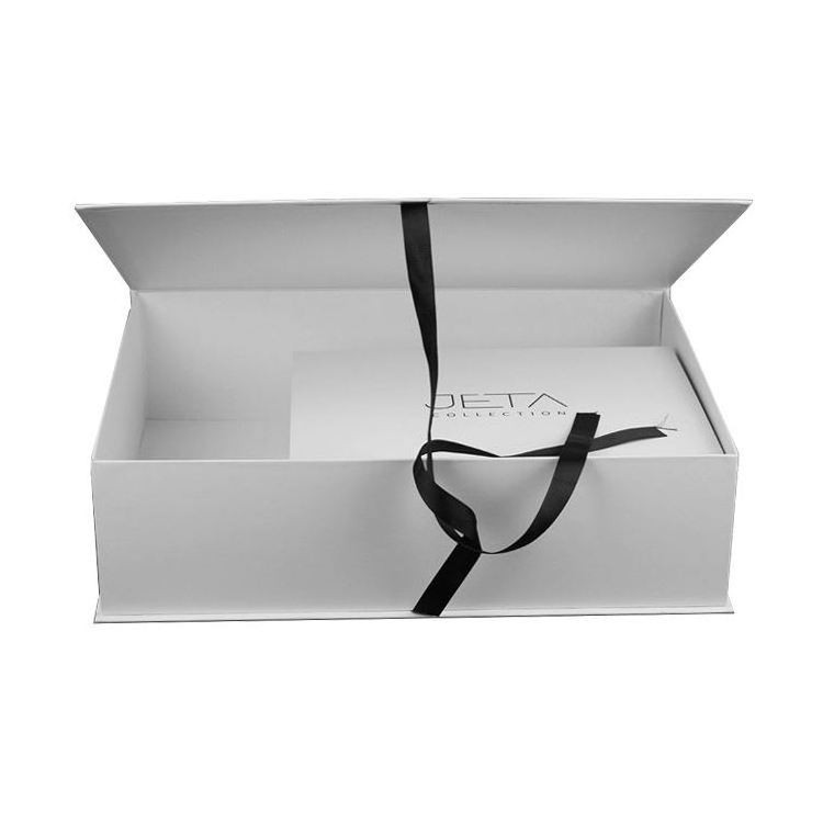 Custom luxury white magnet flap clothing paper box foldable magnetic closure gift boxes with black ribbon