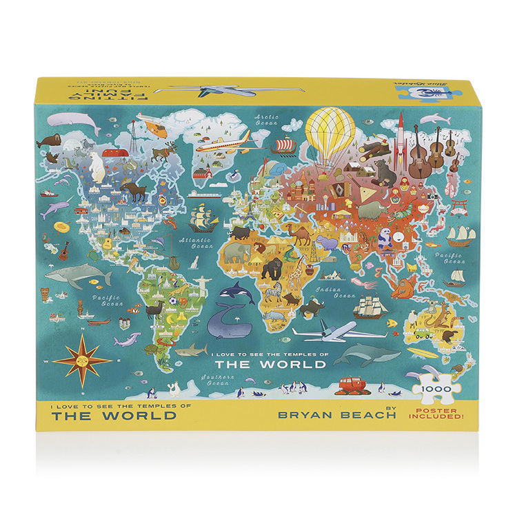 Custom full color paper grey board adult puzzle world map jigsaw puzzle custom game puzzles 1000 pieces