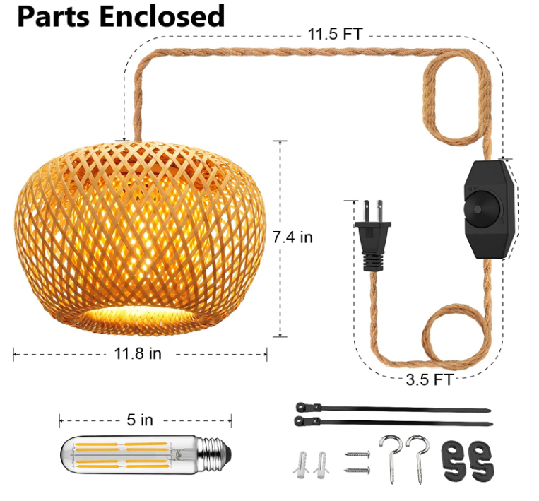 Plug in Pendant Light Fixture with Hand Woven Bamboo Lamp Shade Dimmer Switch Hanging Lights with Plug in Cord Wicker