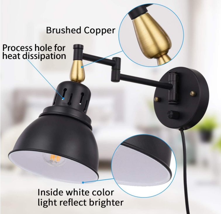 Dimmable Swing Arm Wall Lights Wall Sconce Lighting, Wall Mounted Light with 6FT Plug in Cord and On/Off Switch, E26 Base,