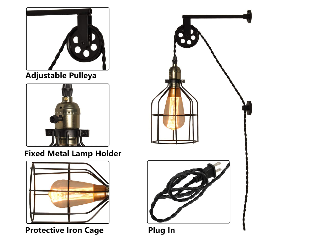 Rustic Cage Wall Lamp Lift Pipe Pulley Lights Fixture - Retro Pendant Lamp Adjustable Hanging with Plug in cord