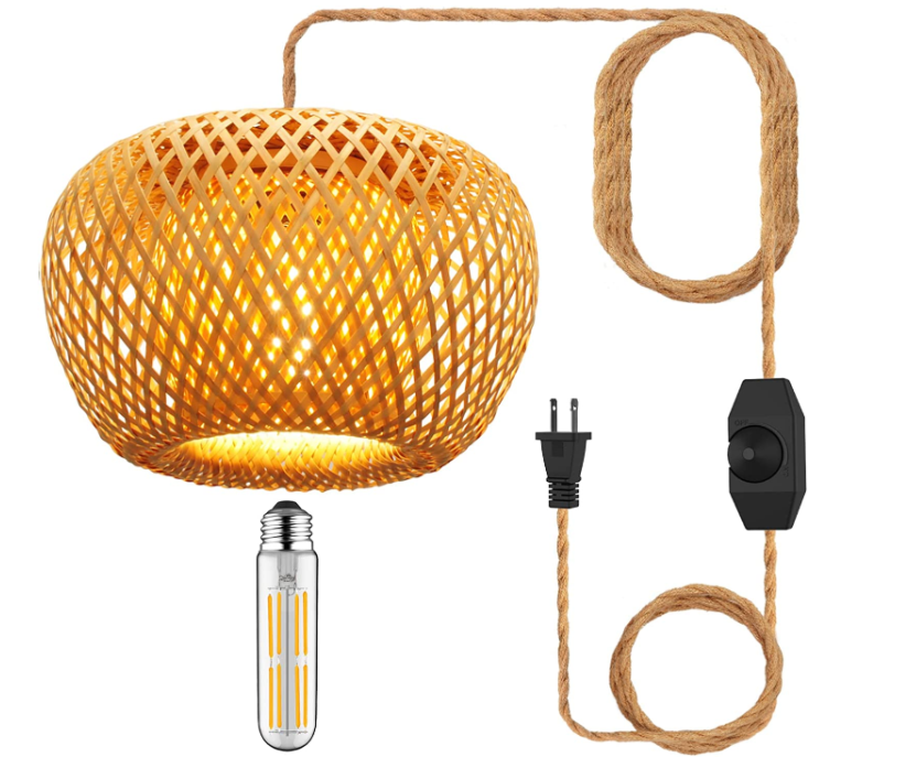 Plug in Pendant Light Fixture with Hand Woven Bamboo Lamp Shade Dimmer Switch Hanging Lights with Plug in Cord Wicker