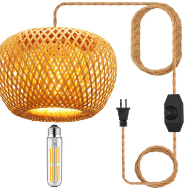 Plug in Pendant Light Fixture with Hand Woven Bamboo Lamp Shade Dimmer Switch Hanging Lights with Plug in Cord Wicker