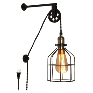 Rustic Cage Wall Lamp Lift Pipe Pulley Lights Fixture - Retro Pendant Lamp Adjustable Hanging with Plug in cord