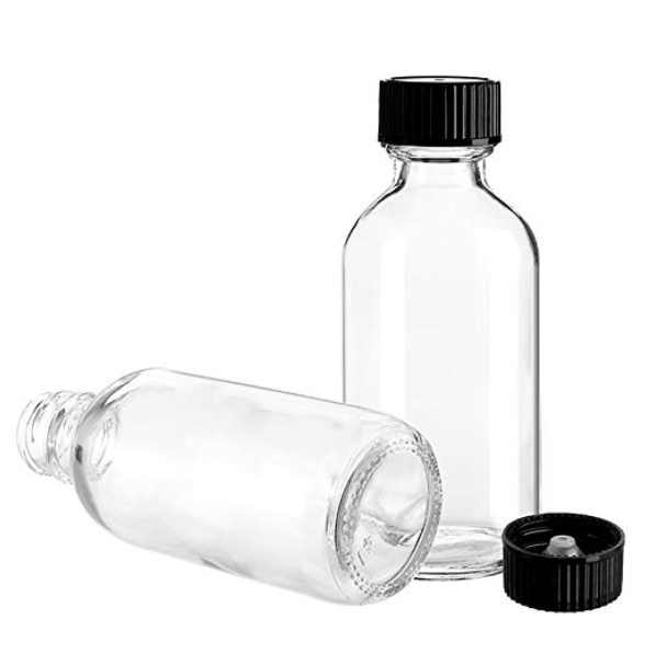 2 oz Small Clear Glass Bottles, Boston Round Sample Bottles with Black Poly Cone Cap for Potion, Juice, Ginger Shots, Oils